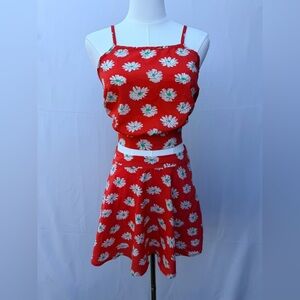 Fifty Street Red Daisy Print Crop Top & Skirt Set SZ Small Summer Co-Ord